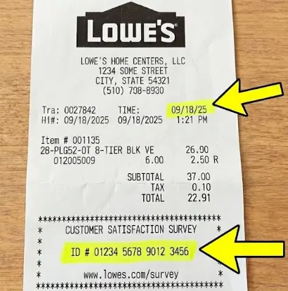 Example of Lowe's receipt with 18-digit survey ID highlighted at bottom