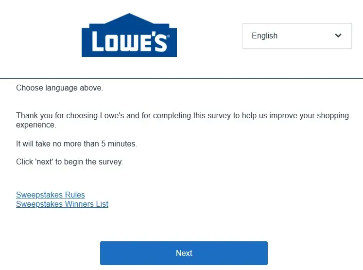 www.lowes.com/survey homepage after redirecting to survey.medallia.com